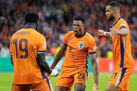 UEFA Nations League, Netherlands vs Germany: Denzel Dumfries of the Netherlands celebrates after he scored a goal